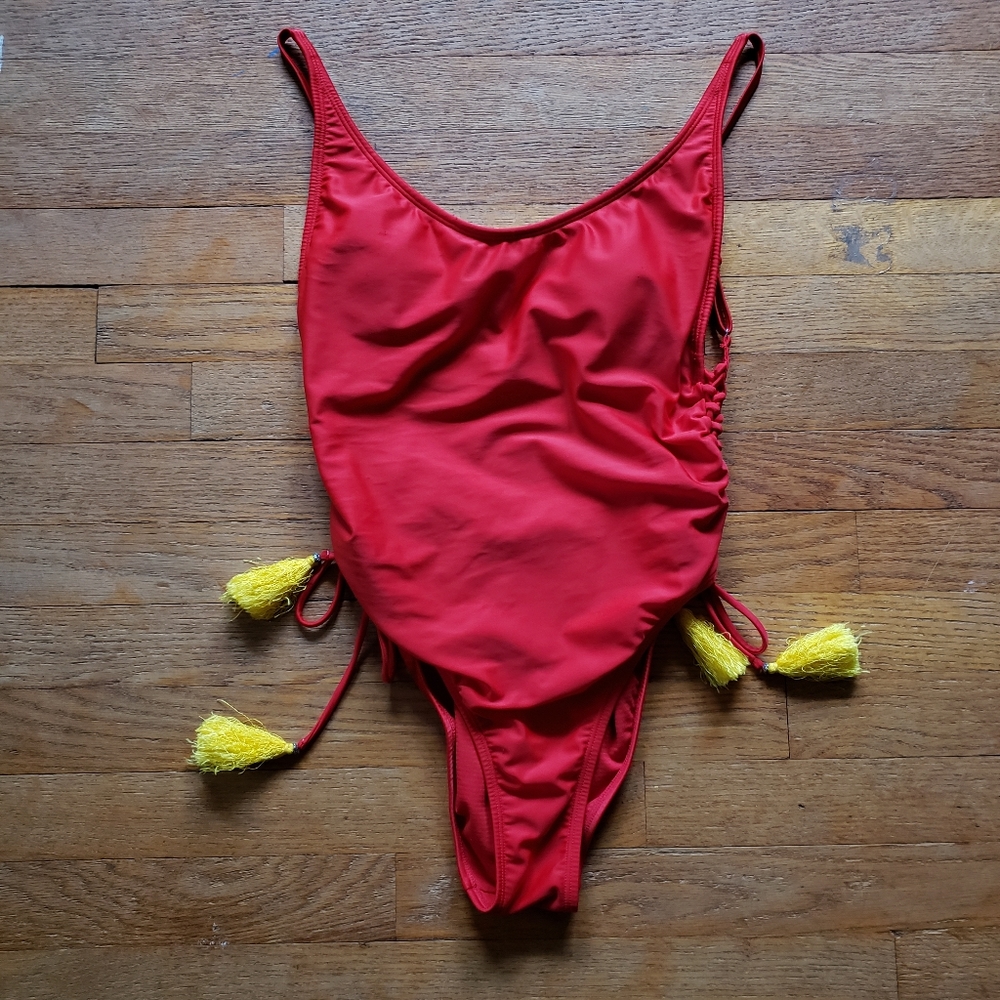 Afriel & Tabbris red one piece sexy high cut bathing suit tassels sz Small S